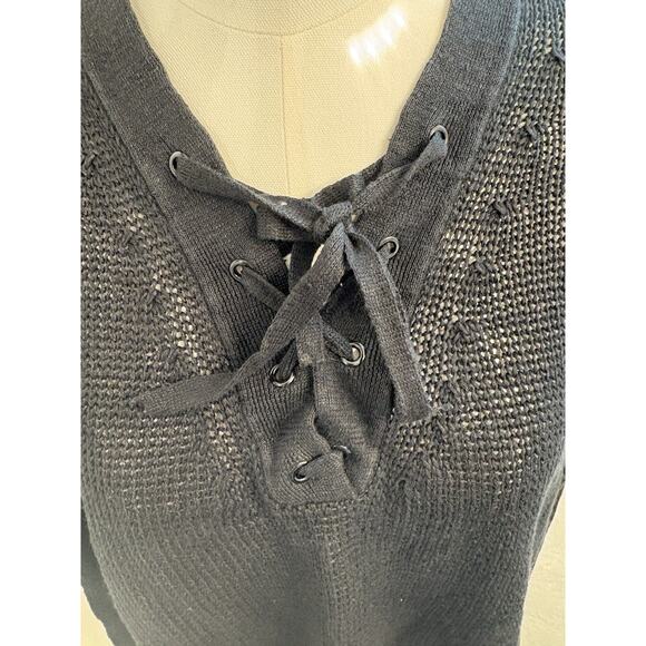 J. Crew Women’s Black Lace Up Beach Open Knit Sweater Size Large Linen Boxy - Picture 2 of 6